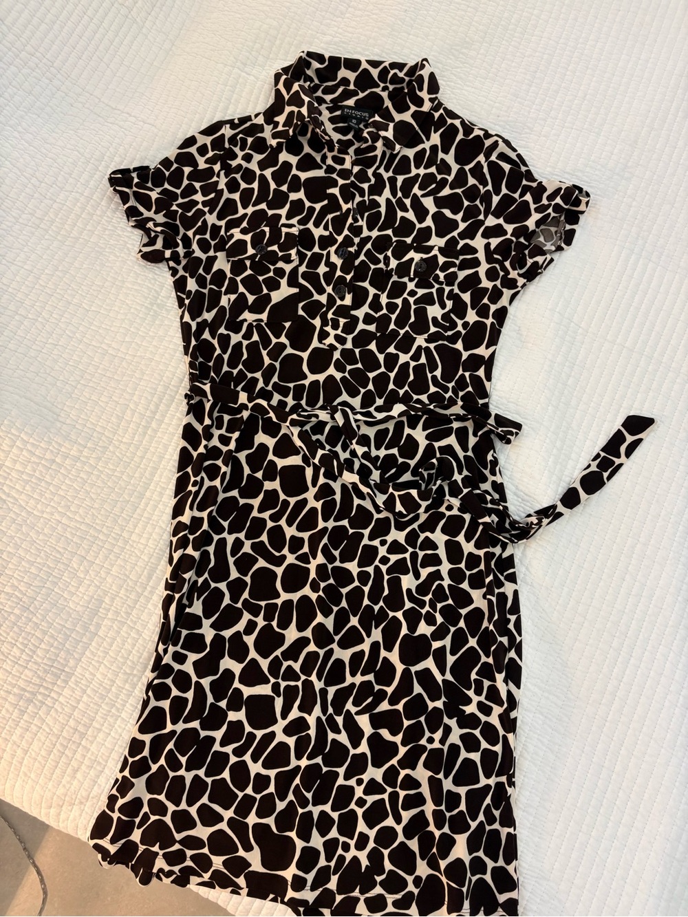 Short Brown and White Printed Shirt Dress
